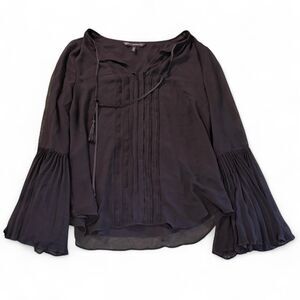 WHBM White House Black Market Black Pin tuck Sheer Bell Sleeve Blouse Top Sz 14